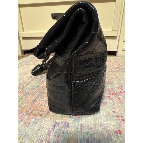 Brahmin Black Croc Embossed Leather Clutch With Roses Bag Charm Wristlet - Picture 3 of 16